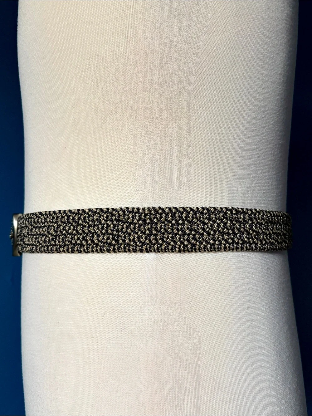 Greg Norman Blue Grey Stretch Belt 34 Black Leather Silver Buckle Logo Golf